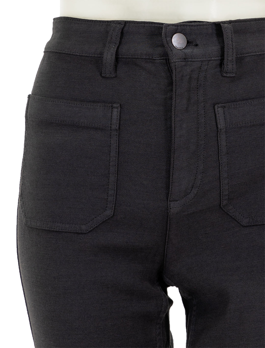 Close-up view of Faherty's stretch terry patch pocket pant in washed black.