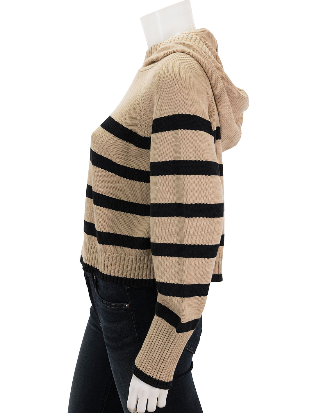 Side view of Sundays NYC's trail hoodie in toast and black stripe.