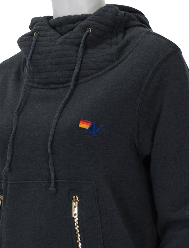 Close-up view of Aviator Nation ninja pullover hoodie in charcoal.