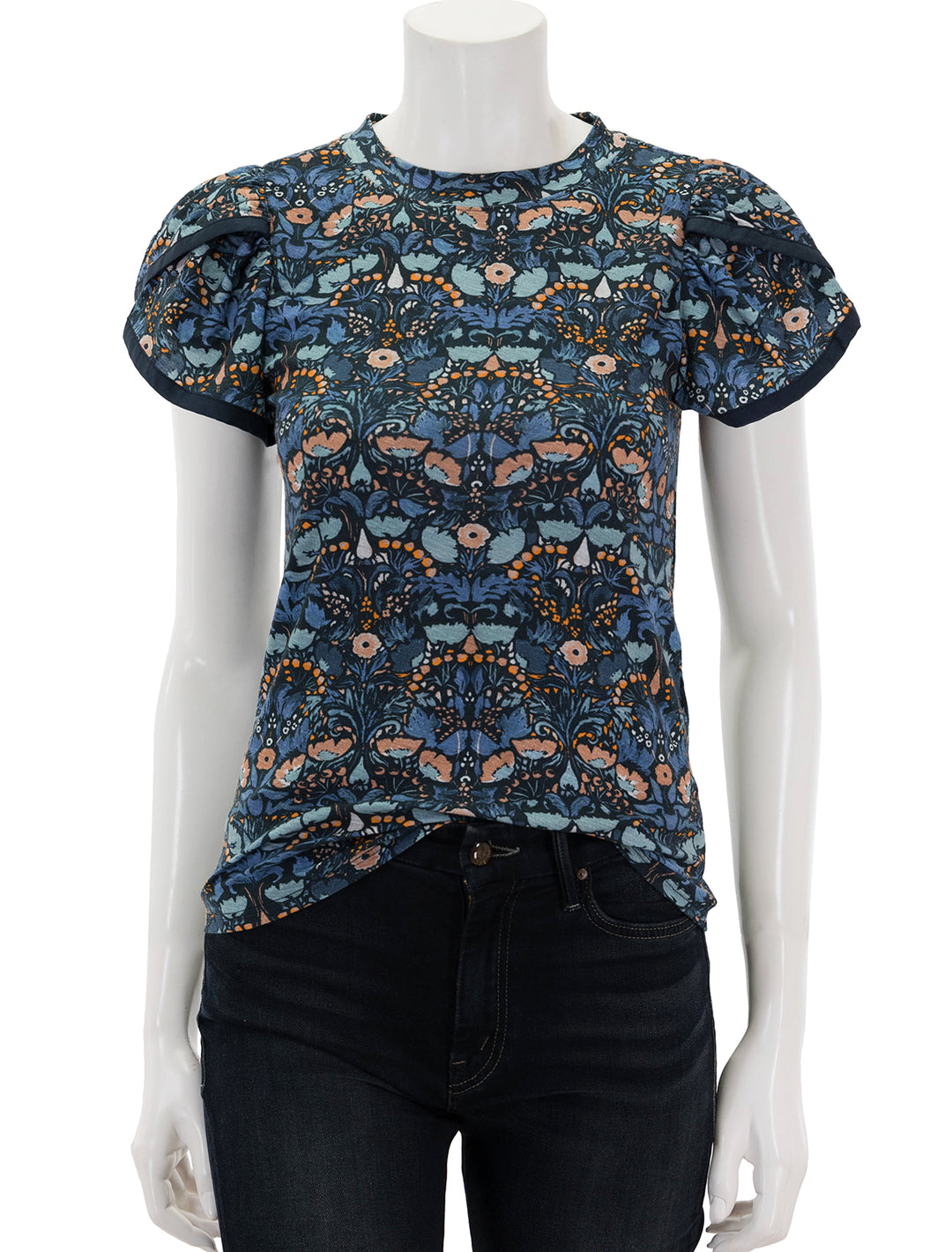 Front view of Nation LTD.'s kennedy contrast tulip sleeve top in night bloom.
