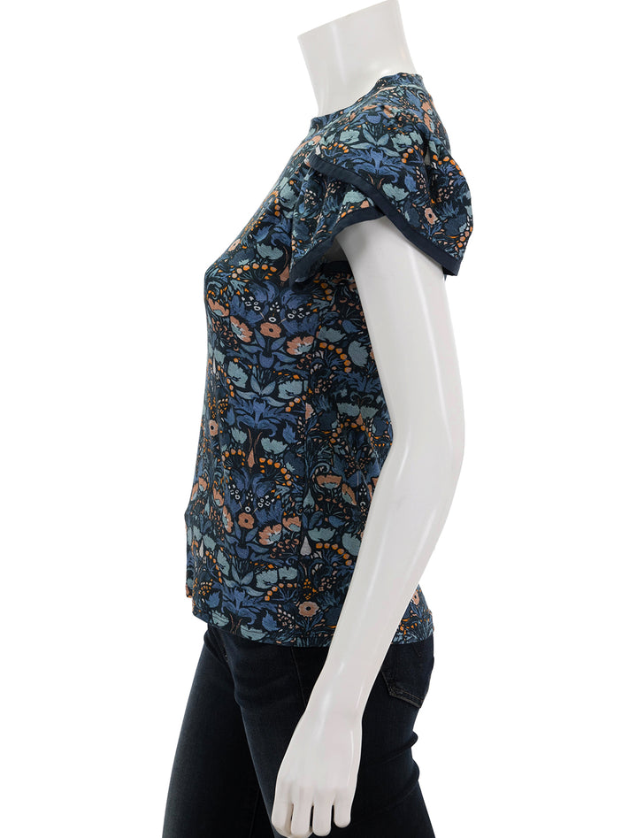 Side view of Nation LTD.'s kennedy contrast tulip sleeve top in night bloom.