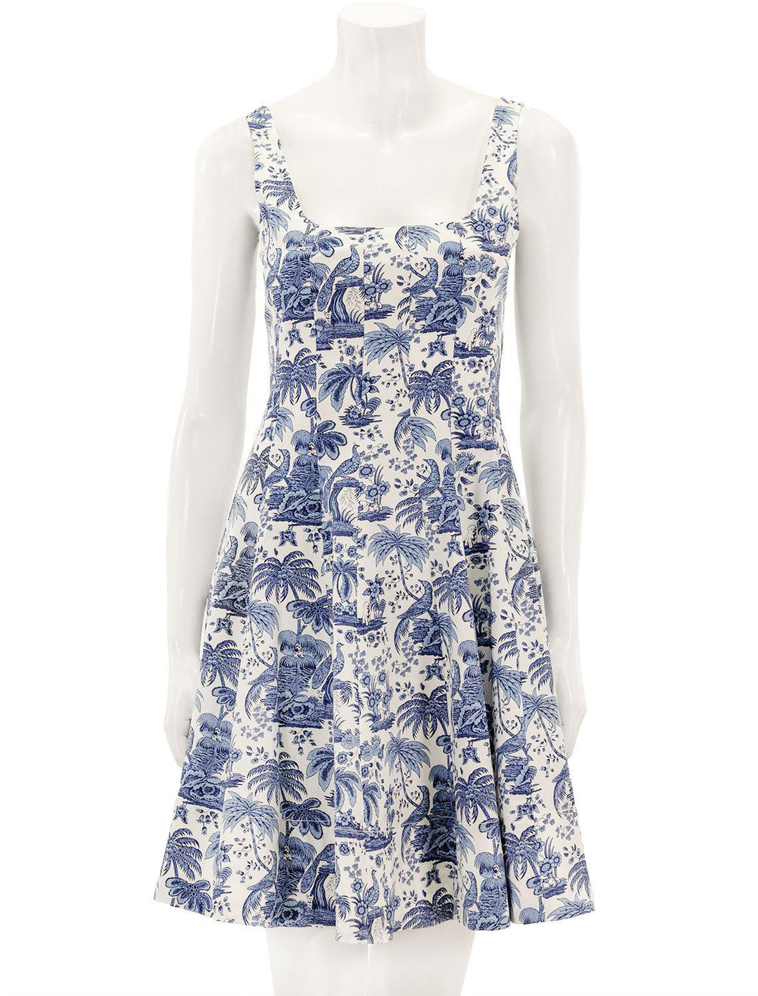 Front view of Staud's mini wells dress in blue toile.