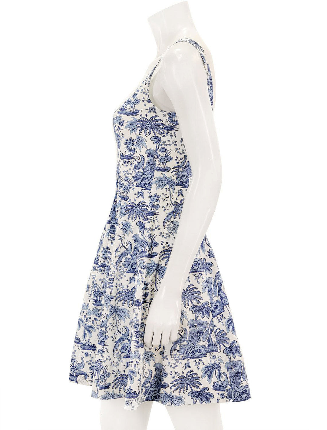 Side view of Staud's mini wells dress in blue toile.