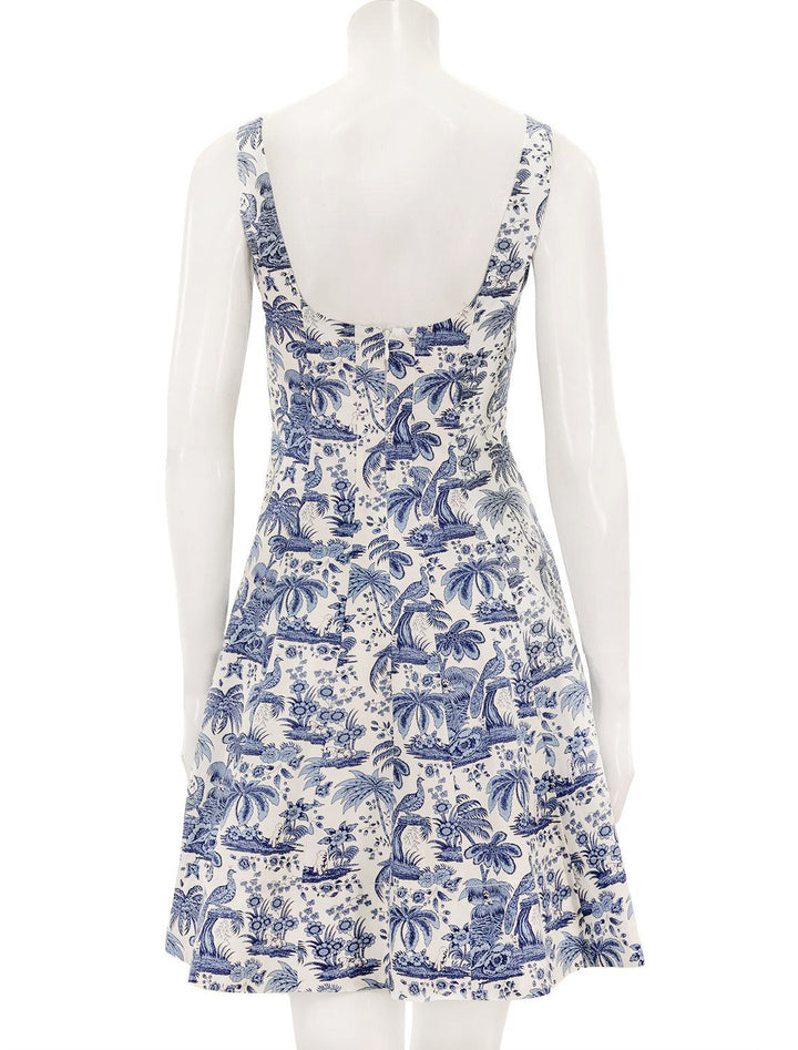 Back view of Staud's mini wells dress in blue toile.