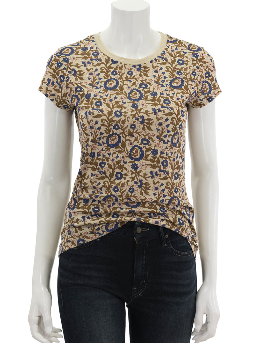 Front view of Goldie Lewinter's filigree floral ringer tee in safari.