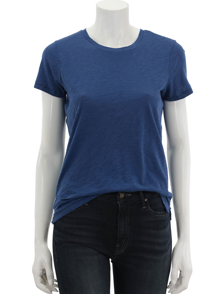 Front view of Goldie Lewinter's short sleeve contrast stitch boy tee in navy peony/black.