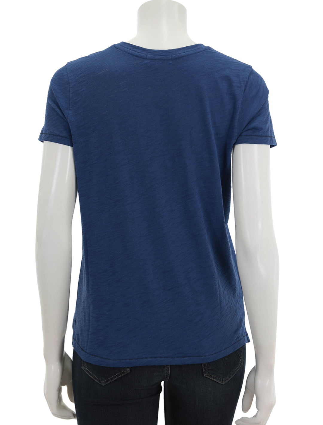 Back view of Goldie Lewinter's short sleeve contrast stitch boy tee in navy peony/black.