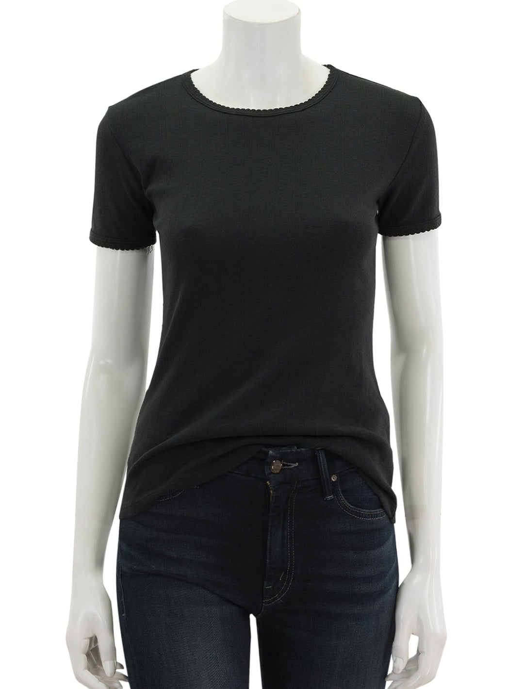 Front view of Goldie Lewinter's short sleeve pointelle tee in black.