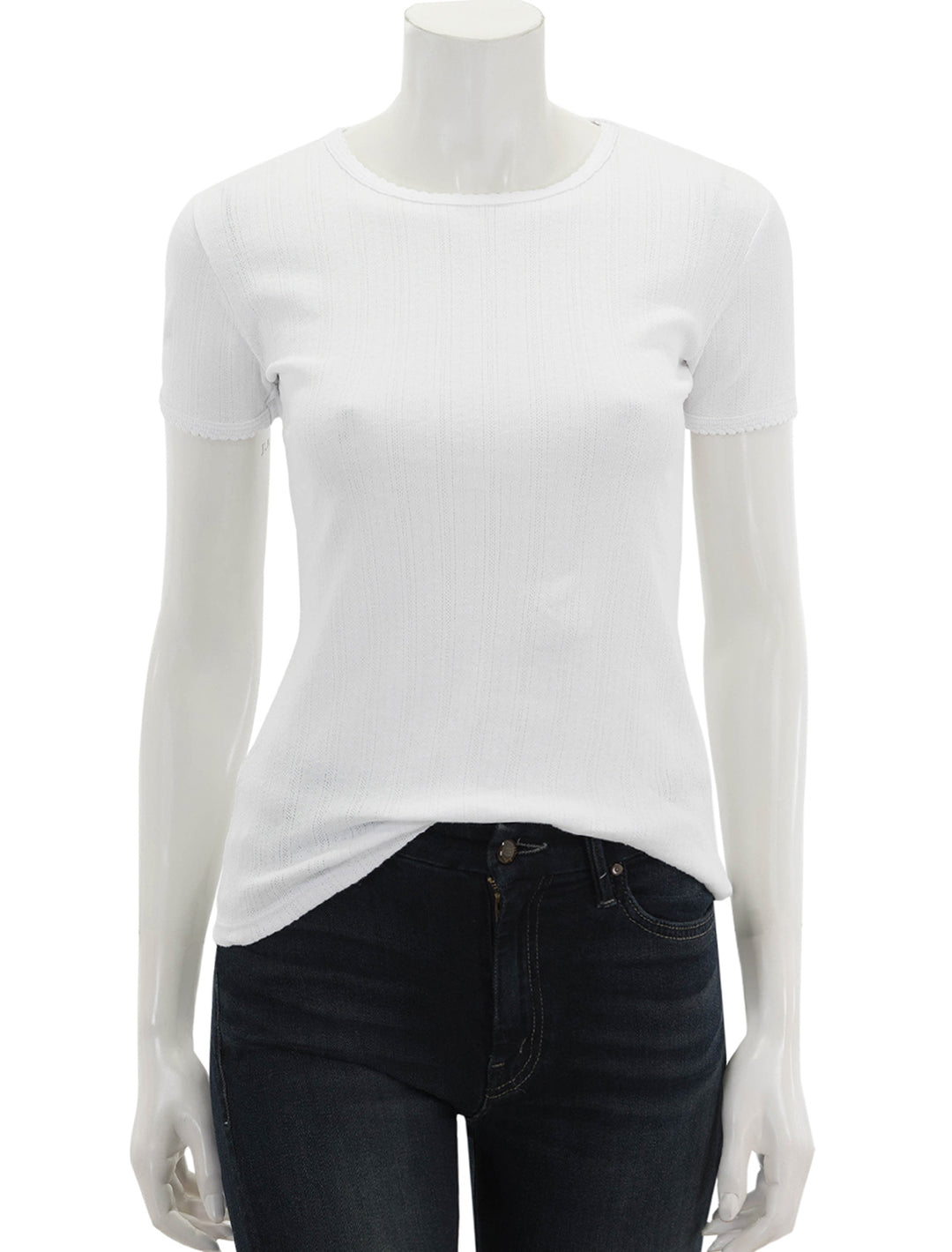 Front view of Goldie Lewinter's short sleeve pointelle tee in white.