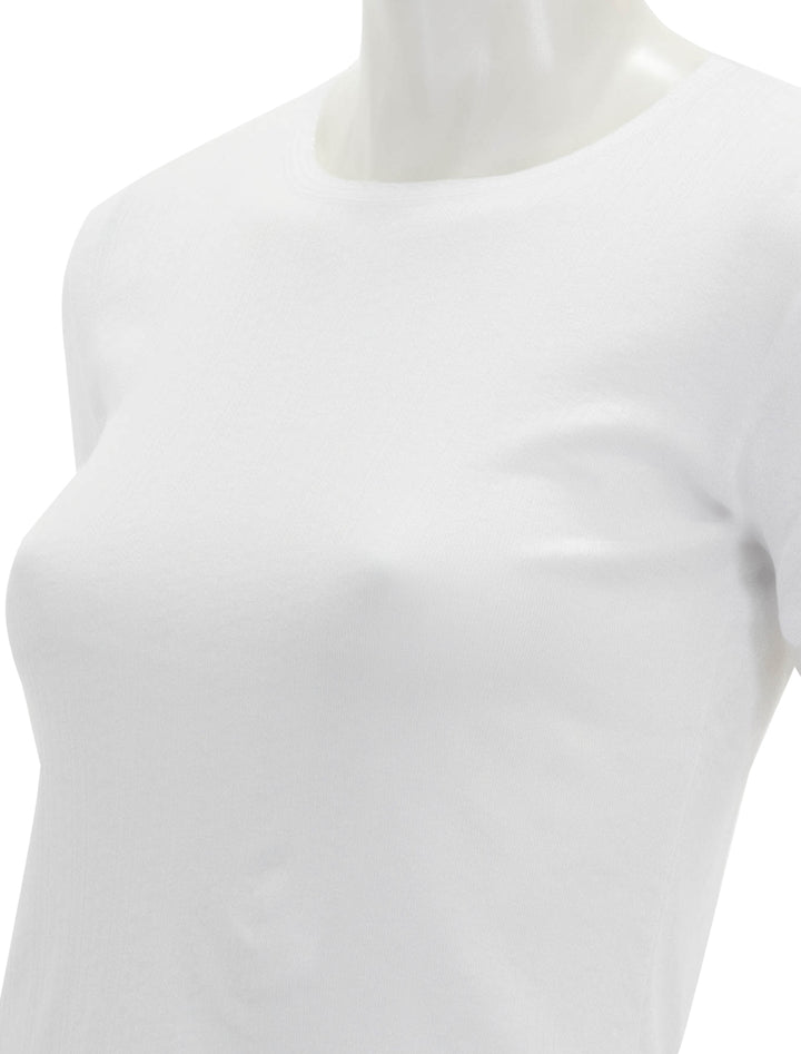 Close-up view of Goldie Lewinter's short sleeve pointelle tee in white.