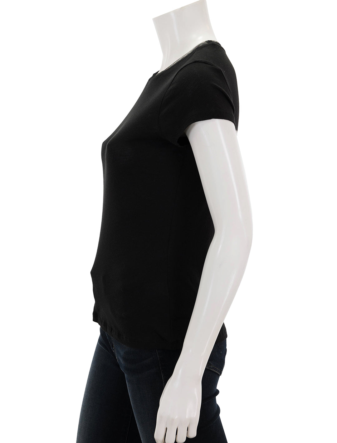 Side view of Goldie Lewinter's short sleeve mesh trim tee in black.