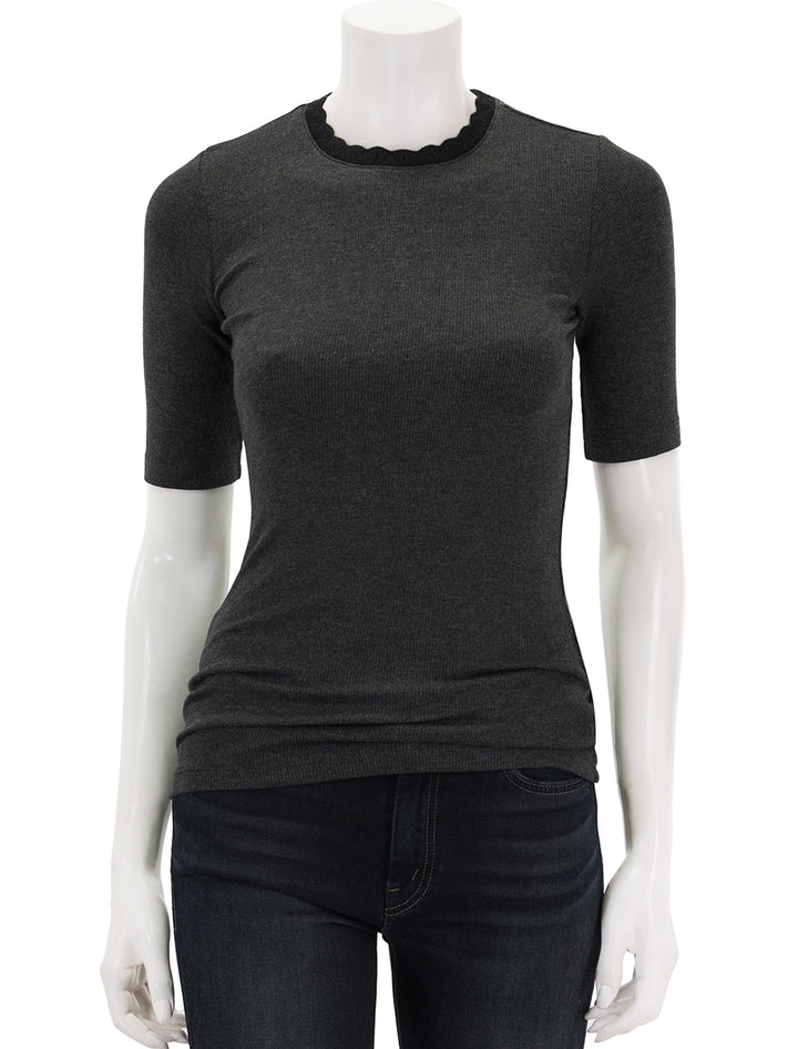 Front view of Goldie Lewinter's half sleeve pointell trim rib tee in charcoal.