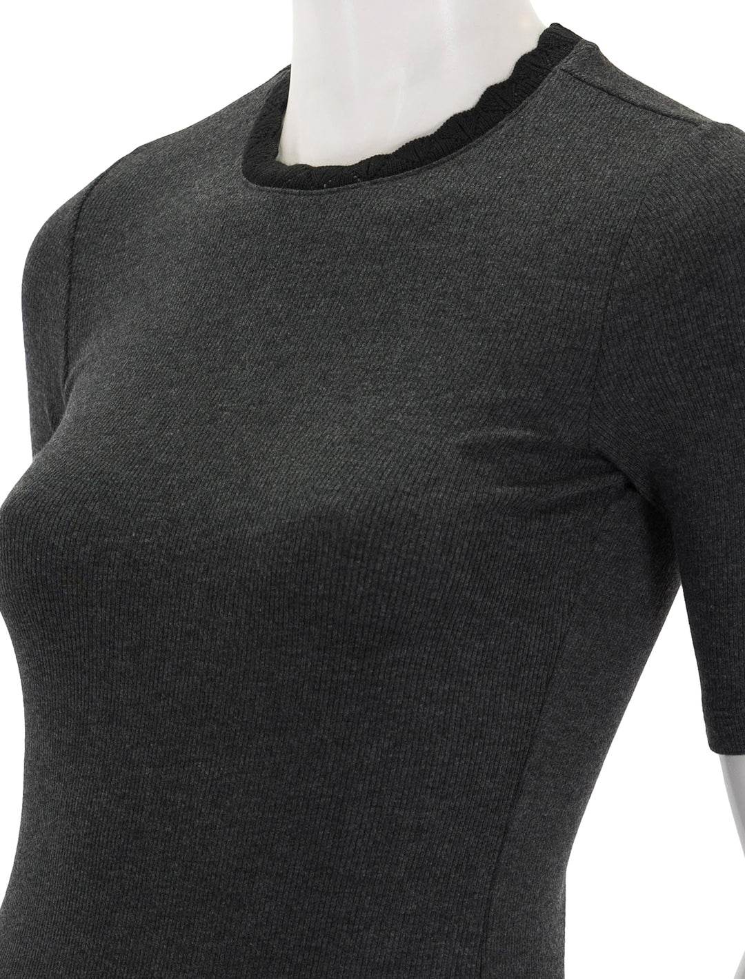 Close-up view of Goldie Lewinter's half sleeve pointell trim rib tee in charcoal.