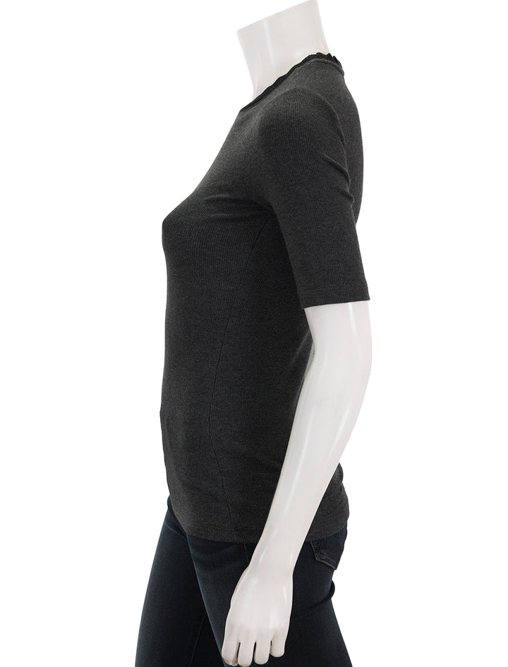 Side view of Goldie Lewinter's half sleeve pointell trim rib tee in charcoal.