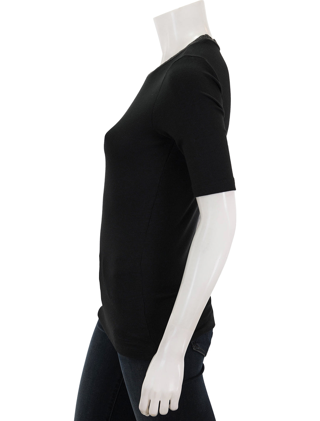 Side view of Goldie Lewinter's half sleeve pointelle trim rib tee in black.