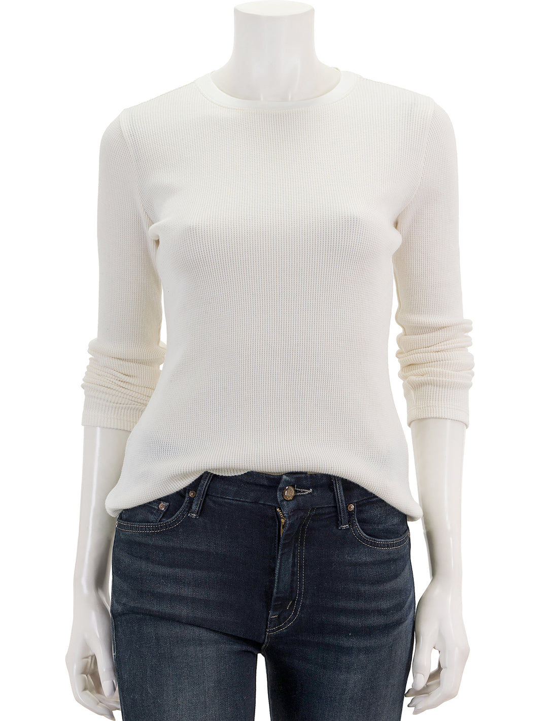 Front view of Goldie Lewinter's long sleeve waffle crew in white.