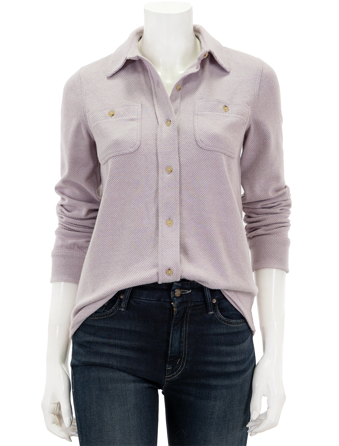 Front view of Faherty's legend sweater shirt in sea fog.