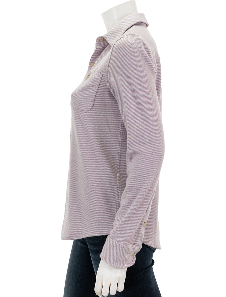 Side view of Faherty's legend sweater shirt in sea fog.