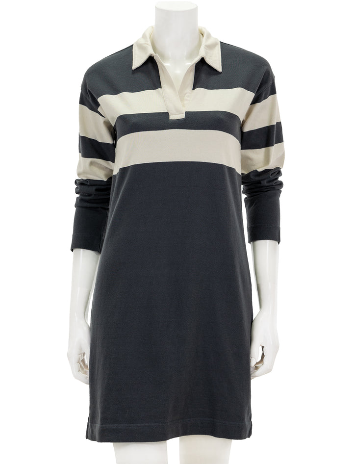 Front view of Faherty's rugby jersey polo dress in open stripe.