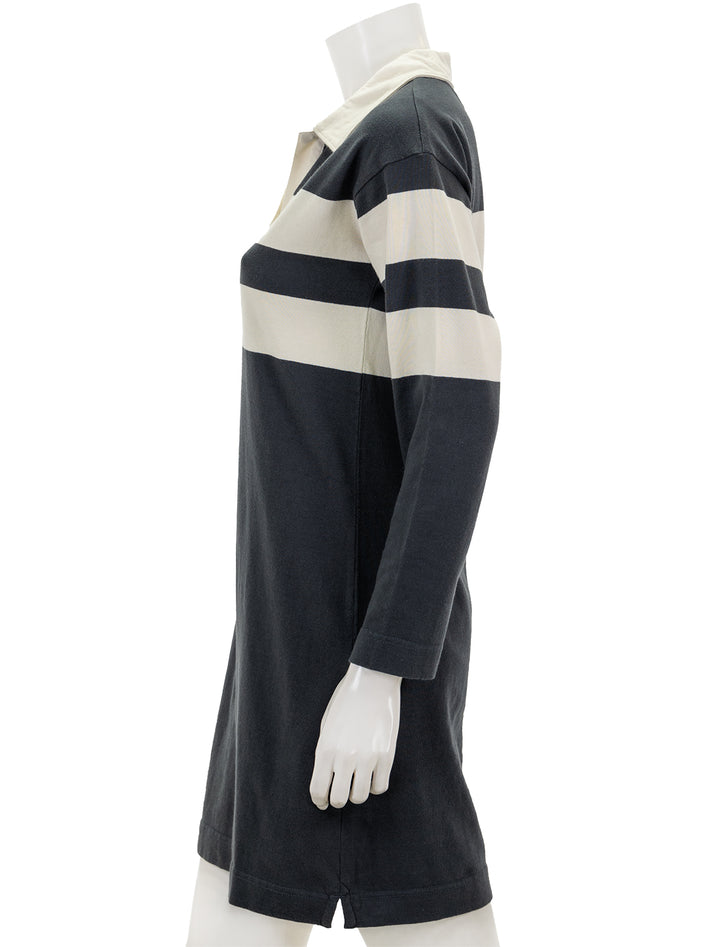 Side view of Faherty's rugby jersey polo dress in open stripe.