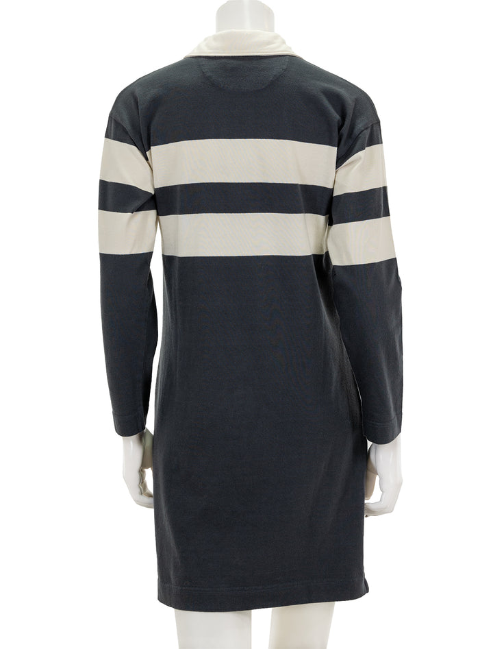 Back view of Faherty's rugby jersey polo dress in open stripe.