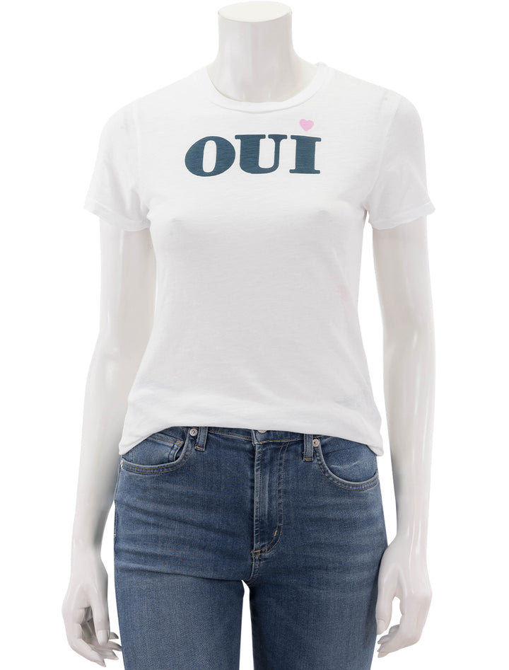 Front view of Sundry's oui tee in white.