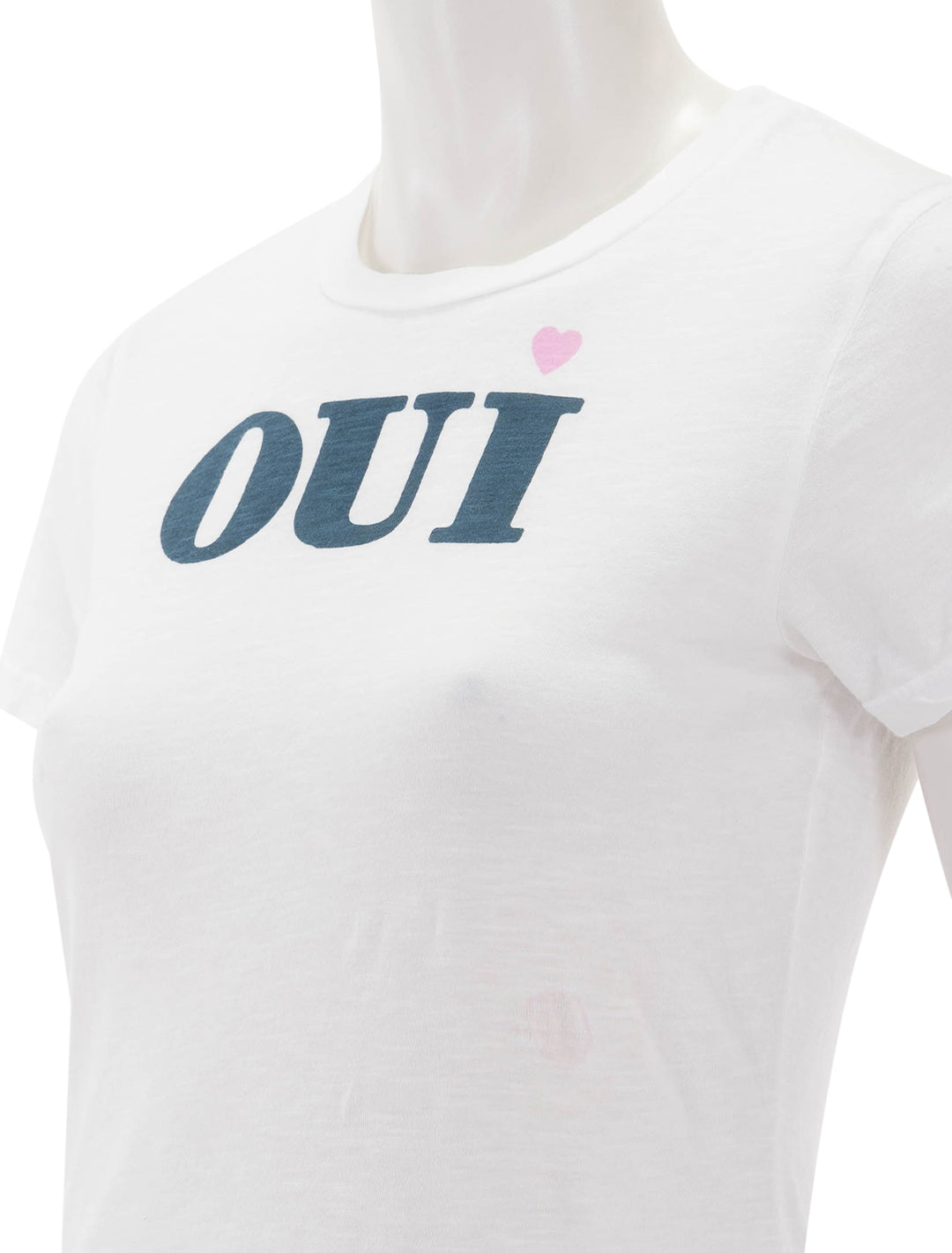 Close-up view of Sundry's oui tee in white.