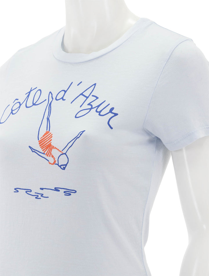 Close-up view of Sundry's cote d'azur boy tee in pigment skylight.