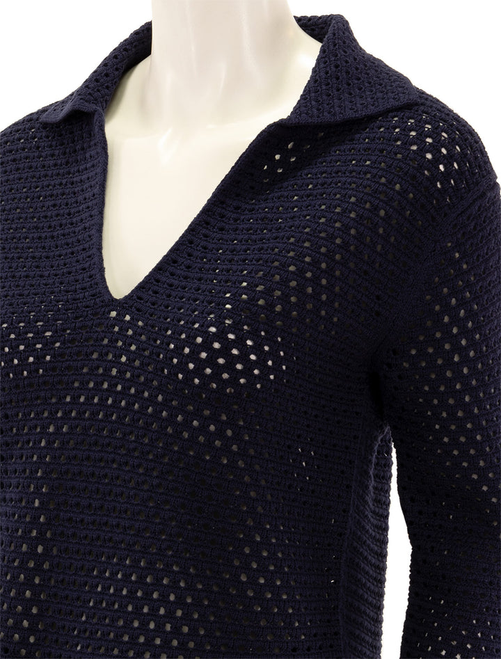 Close-up view of Vince's textured baja pullover in navy.