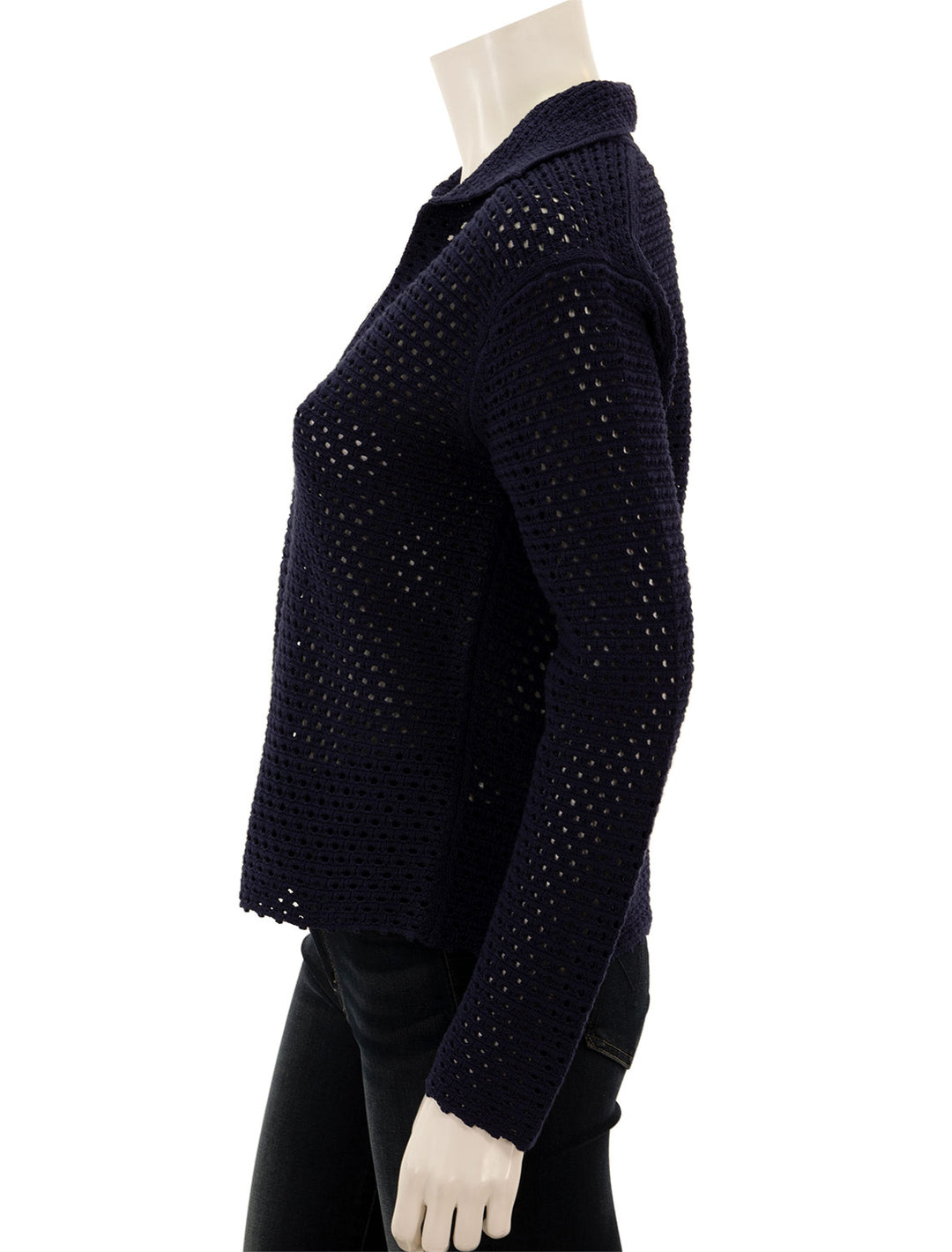 Side view of Vince's textured baja pullover in navy.