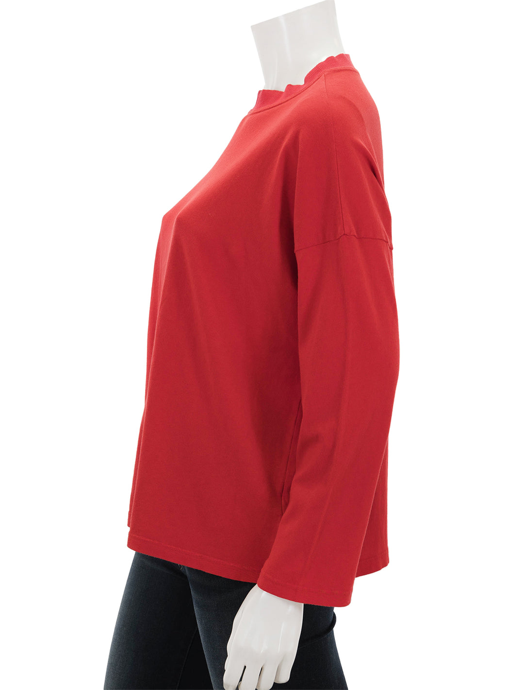 Side view of ASKK NY's long sleeve tee in cherry red.
