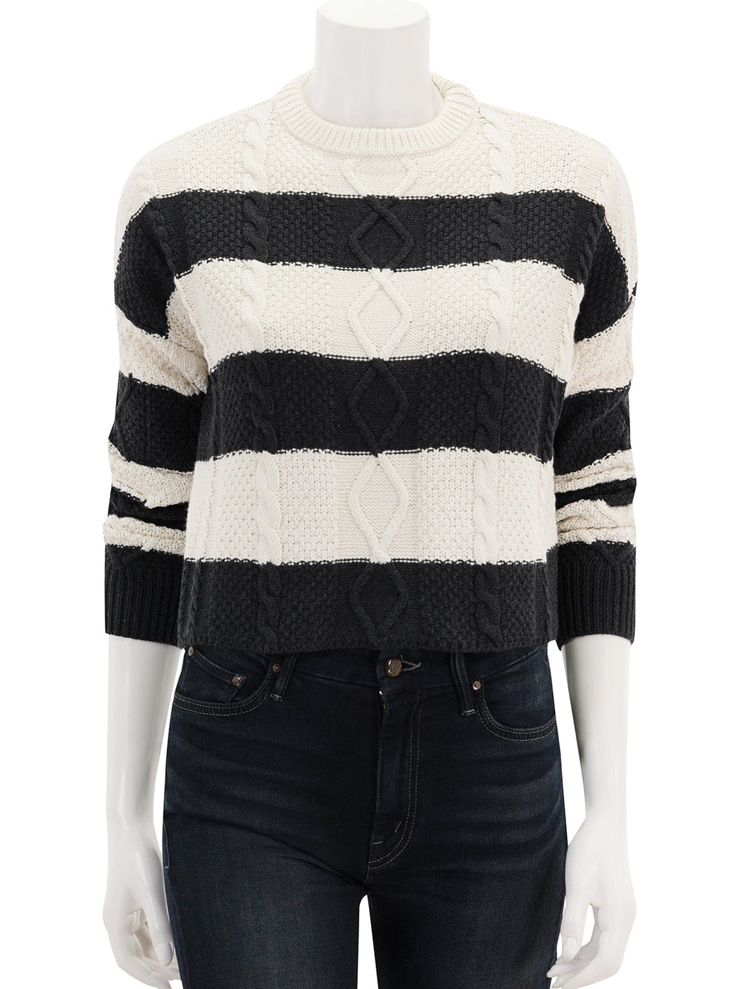 front view of cable cropped crew sweater in stripe