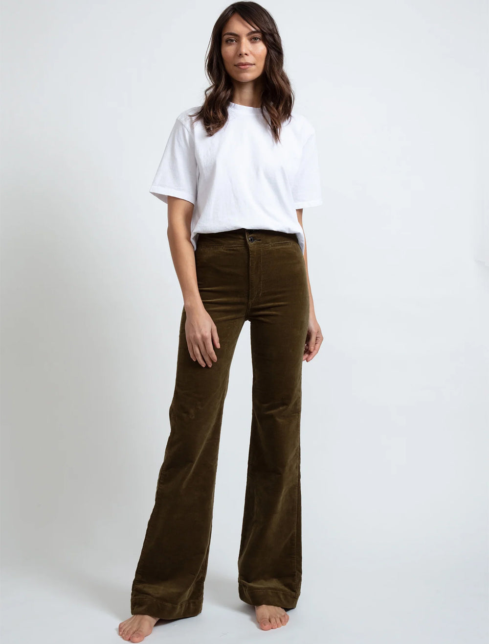 model wearing brighton wide leg cord in army with a white t-shirt