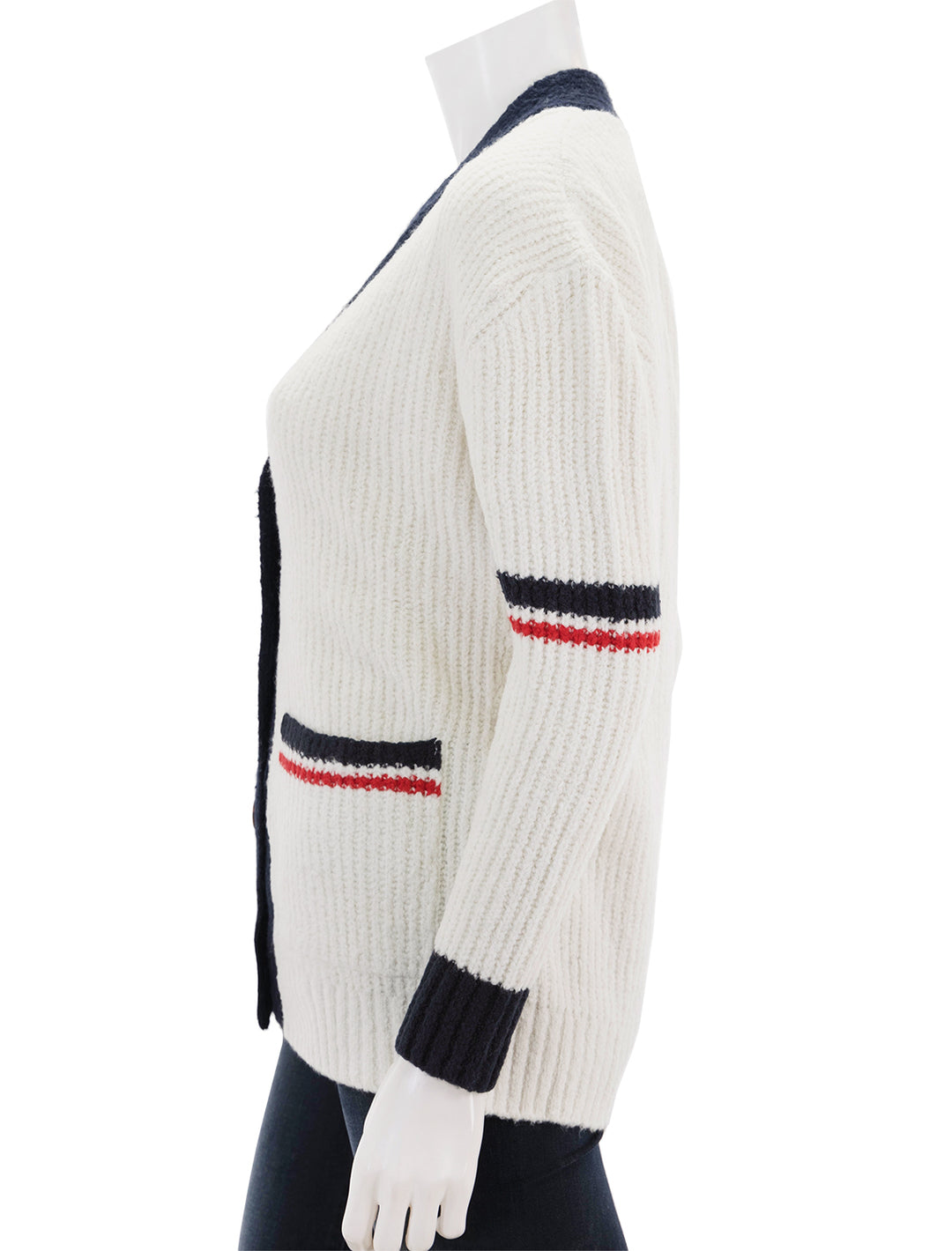 Side view of ASKK NY's Varsity Cardigan in Ivory.