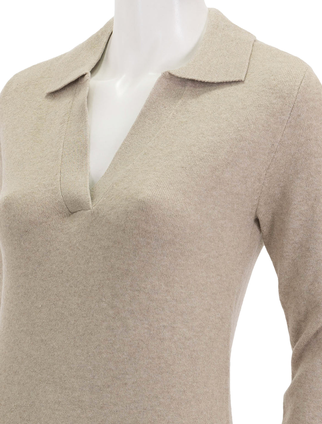 Close-up view of Faherty's jackson sweater polo in oatmeal heather.