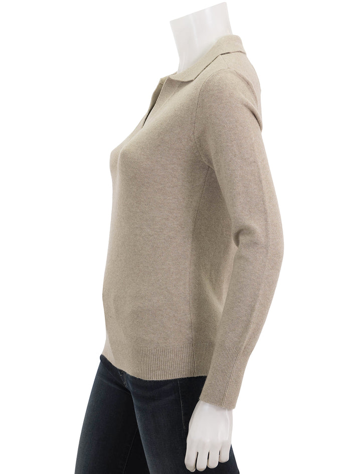 Side view of Faherty's jackson sweater polo in oatmeal heather.