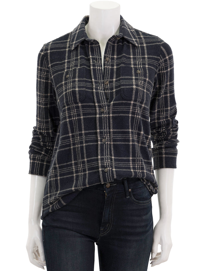 Front view of Faherty's legend sweater shirt in dakota plaid.