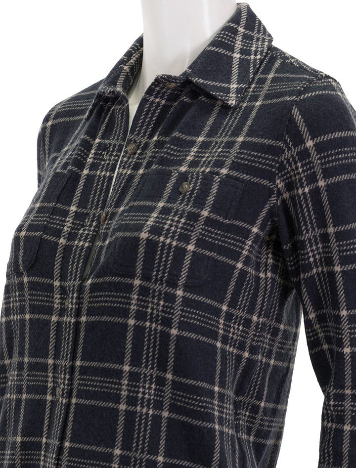 Close-up view of Faherty's legend sweater shirt in dakota plaid.