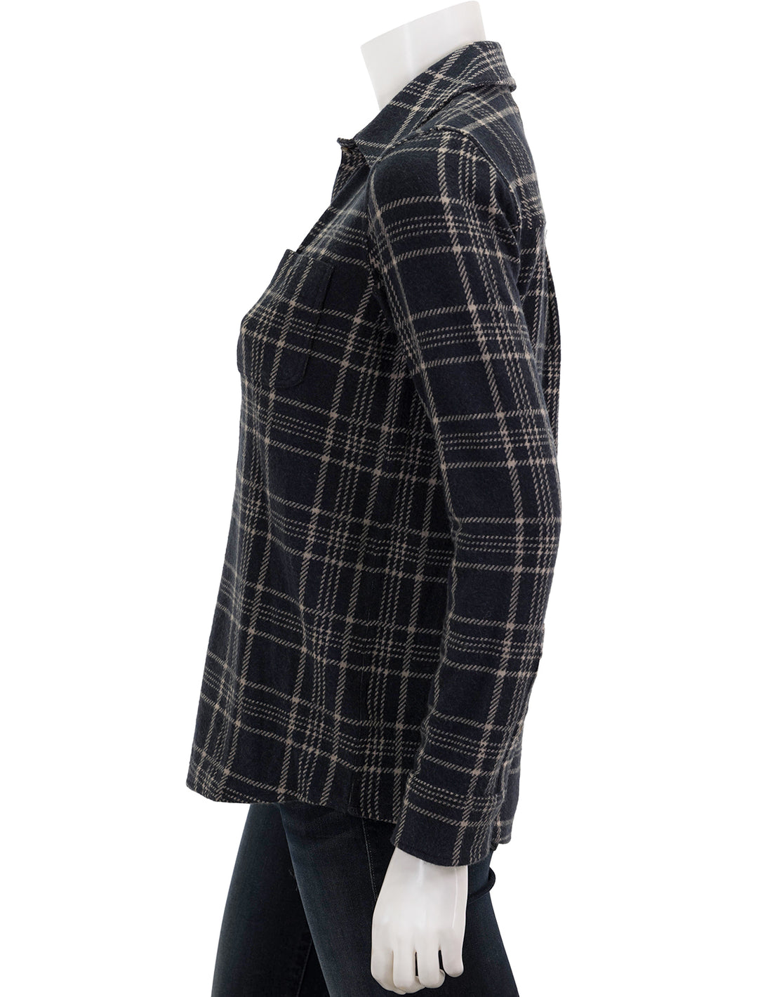 Side view of Faherty's legend sweater shirt in dakota plaid.