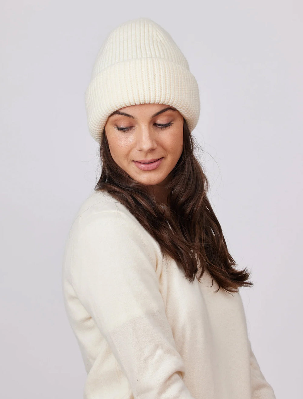 Model wearing Hat Attack's Major Beanie in Ivory.