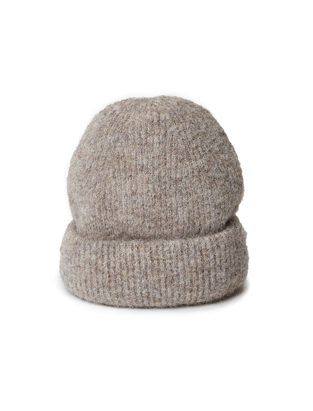 Front view of Hat Attack's eco cuff beanie in taupe.