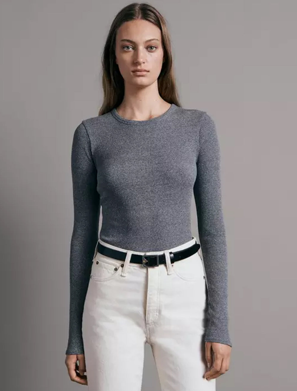Model wearing Rag & Bone's essential rib long sleeve tee in heather grey.