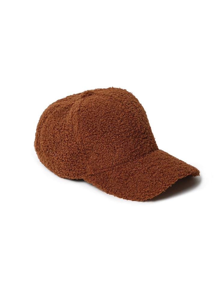 Front angle view of Hat Attack's sherpa cap in tobacco.