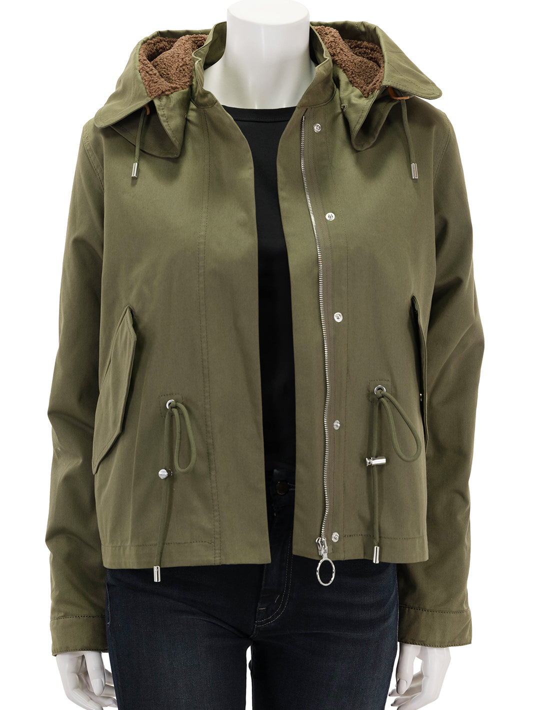 front view of marisa parka coat in army green and chestnut