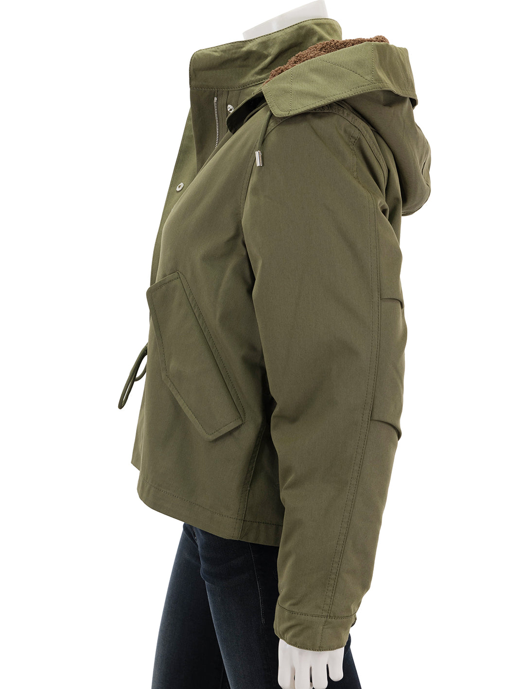 side view of marisa parka coat in army green and chestnut