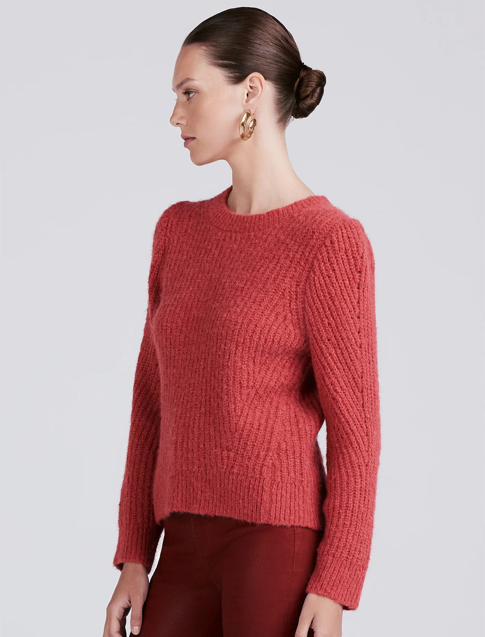 model wearing ryan pullover sweater in rhubarb with matching pants