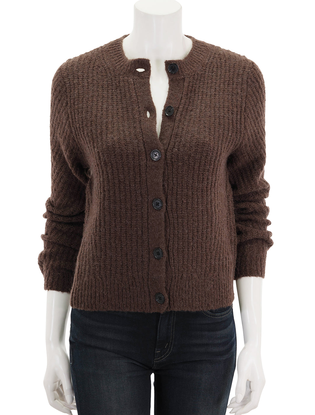 front view of cosmo cardigan in chocolate