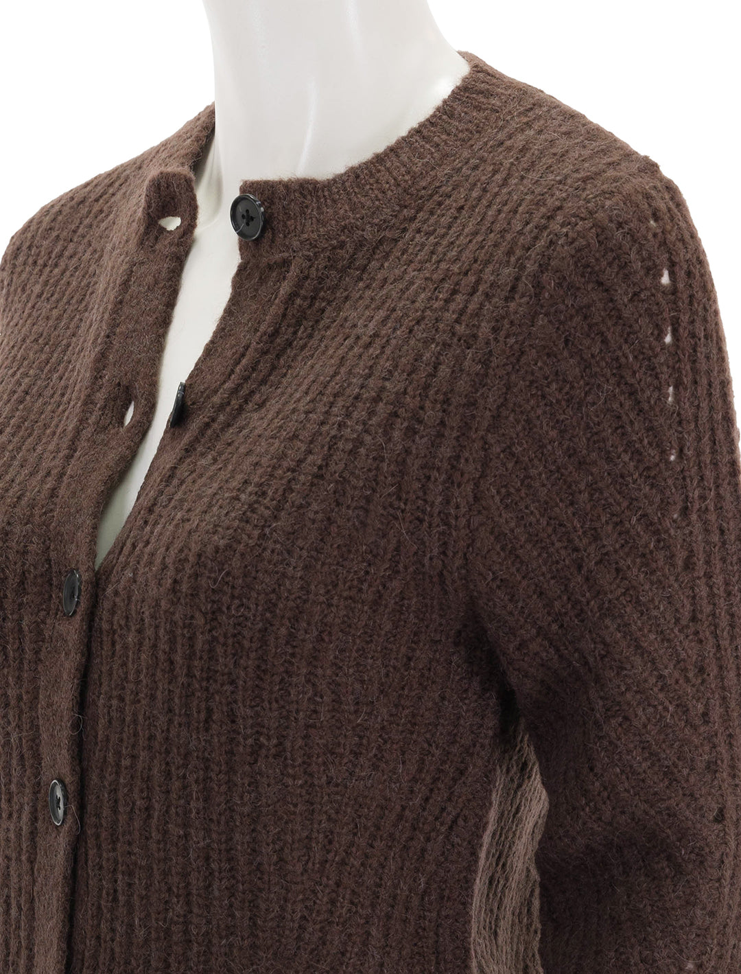 close up view of cosmo cardigan in chocolate