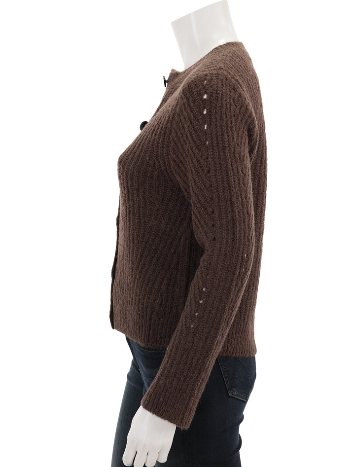 side view of cosmo cardigan in chocolate