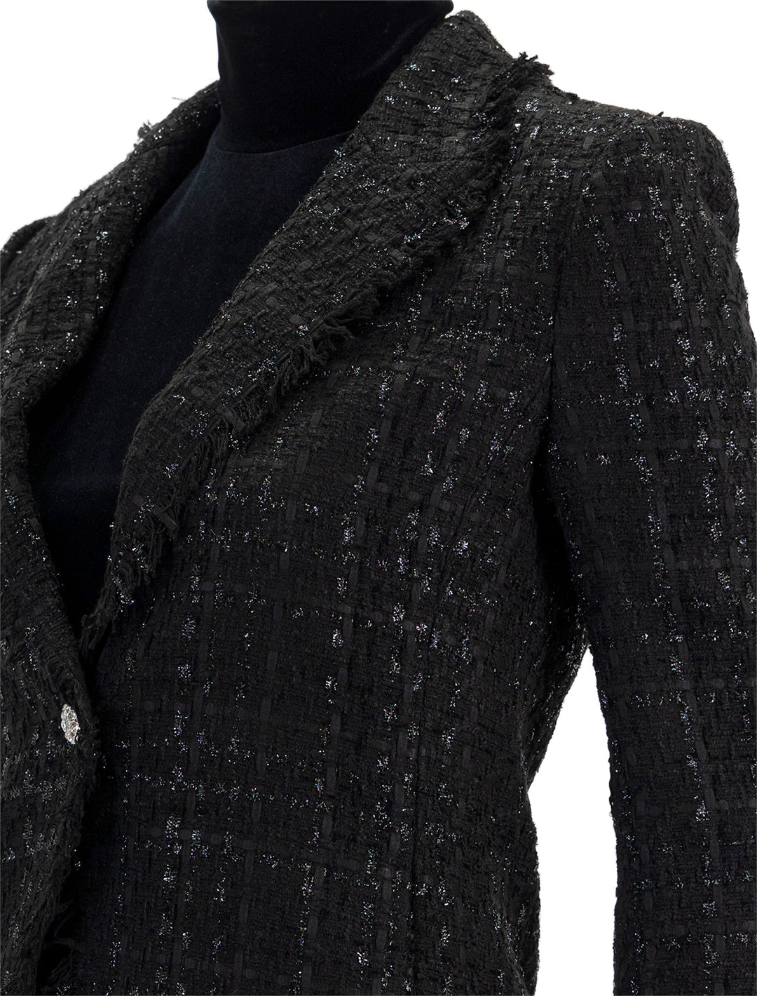 Close-up view of Derek Lam 10 Crosby's adelaide fringe bias jacket in black and silver.